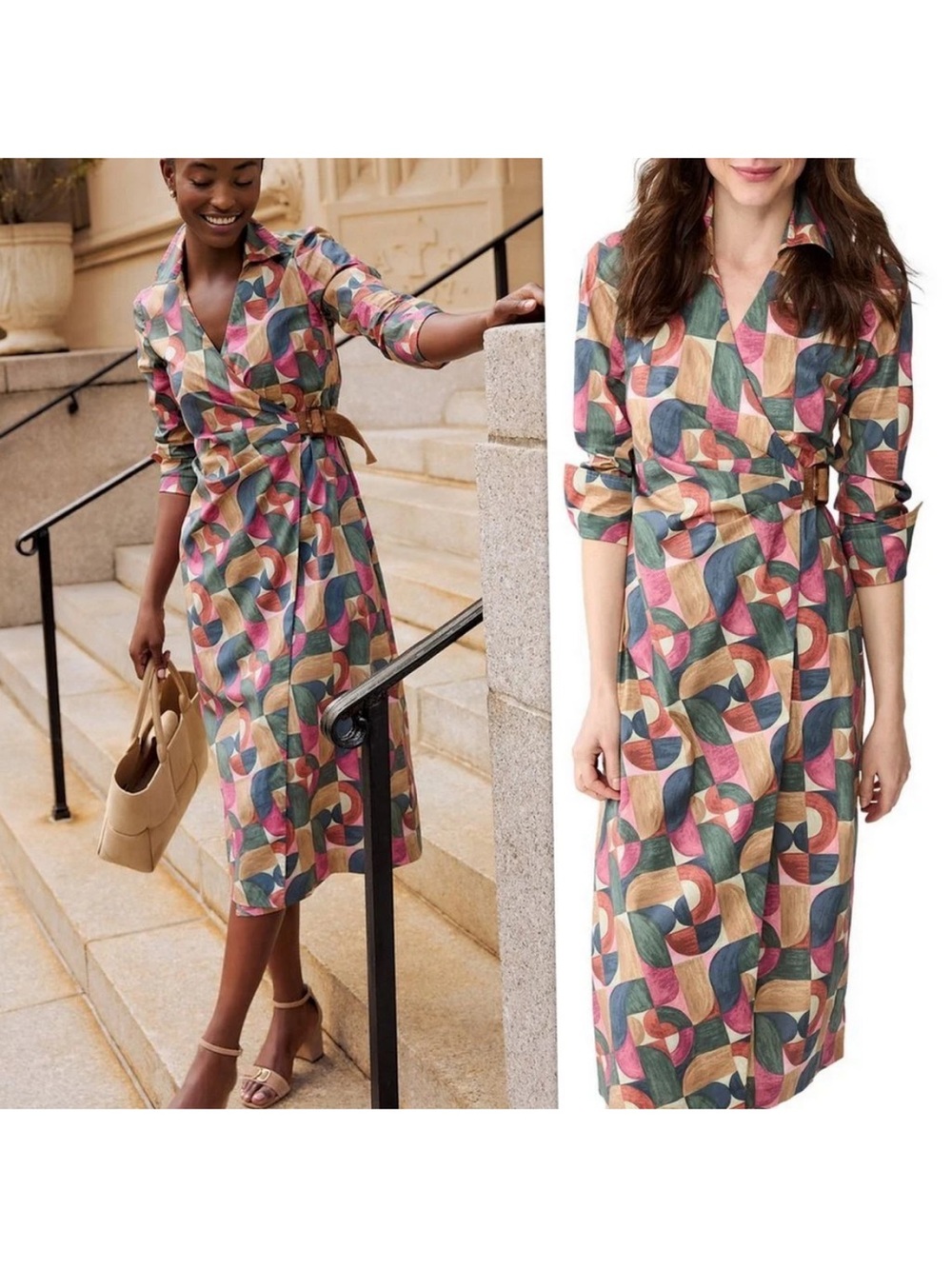Jessica McClintock Multicolor Geometric Wrap Midi Dress